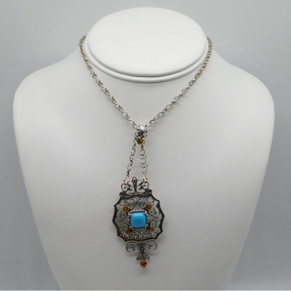 Carolyn Pollack Silver Necklace with Turquoise and Amber Accents